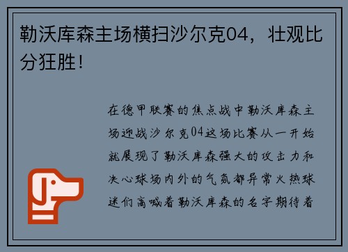 勒沃库森主场横扫沙尔克04，壮观比分狂胜！