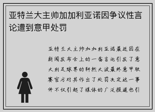亚特兰大主帅加加利亚诺因争议性言论遭到意甲处罚