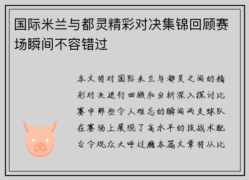 国际米兰与都灵精彩对决集锦回顾赛场瞬间不容错过