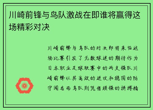 川崎前锋与鸟队激战在即谁将赢得这场精彩对决