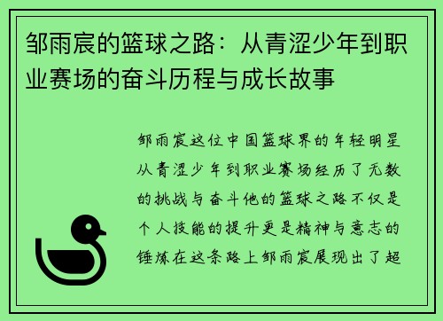 邹雨宸的篮球之路：从青涩少年到职业赛场的奋斗历程与成长故事