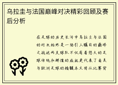 乌拉圭与法国巅峰对决精彩回顾及赛后分析