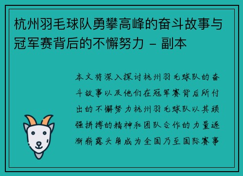 杭州羽毛球队勇攀高峰的奋斗故事与冠军赛背后的不懈努力 - 副本